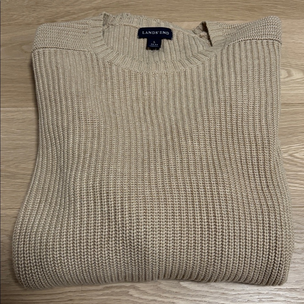 LANDS' END (L) Cotton Drifter Saddle Crewneck Shaker Sweater Tan - Picture 7 of 8